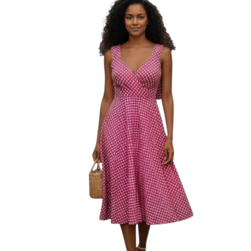 GRACE KARIN PINK & WHITE POLKA-DOT V-NECK SKATER DRESS SZ.XS EUC
